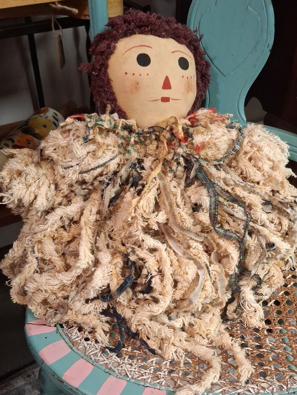 Handmade Cream Rag Doll with Burgundy Yarn Hair